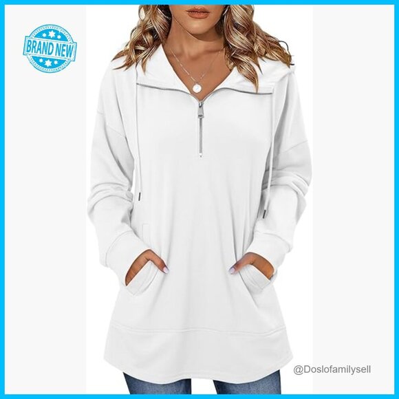 Tops - Quarter Zip Pullover Hoodie Lapel Neck Drawstring Tunic Side Pockets Casual